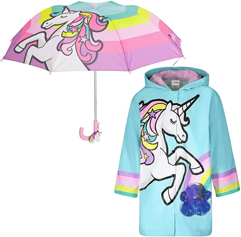 addie & tate Kids Umbrella for Girls and Boys & Rain Coats Set -Toddler Umbrellas Kids Raincoat Boys Girls Jacket 5-7 Years Unicorn