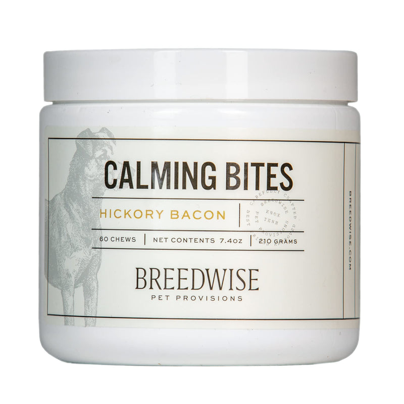 Breedwise Calming Bites All Natural Holistic Anxiety and Stress Reducing Hickory Bacon Flavored Dog Treats, 60 Count Jar - PawsPlanet Australia