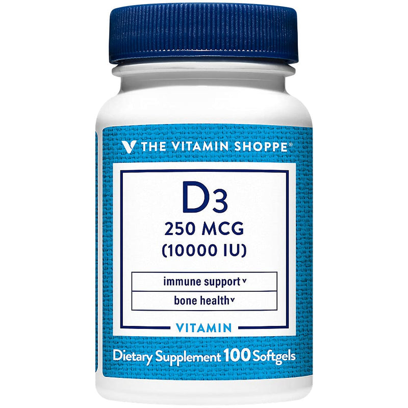 The Vitamin Shoppe Brand Vitamin D3 10000 IU Supplement, 100 Softgels | Gluten Free, Dairy Free, Bone, Immune, and Cellular Health Support for Men and Women