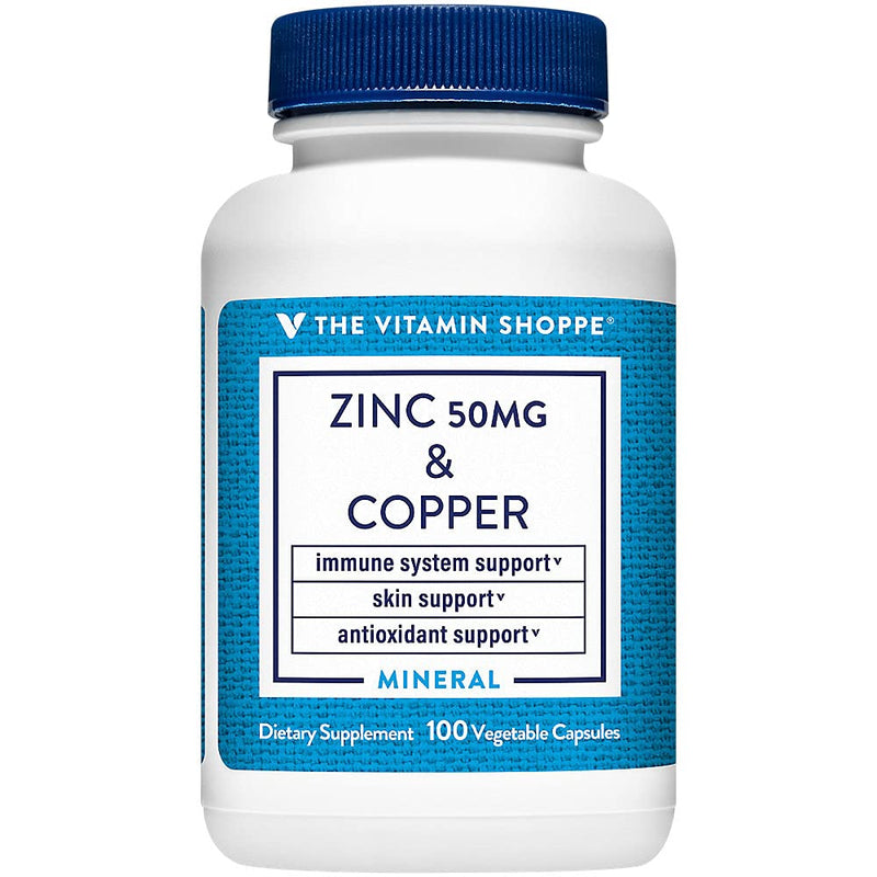 The Vitamin Shoppe Zinc 50 MG with Copper Supplement, 100 Capsules | Essential Trace Minerals to Support Iron Metabolism, Antioxidant Function & Immune Health