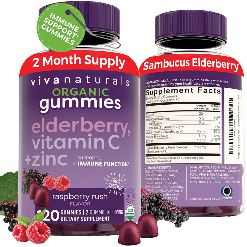 [Australia] - Organic Sambucus Elderberry Gummies with Zinc and Vitamin C (120 Count) - 3 in 1 Black Elderberry Gummies for Adults Immune Support, Chewable Elderberry Supplements, Immunity Gummies 