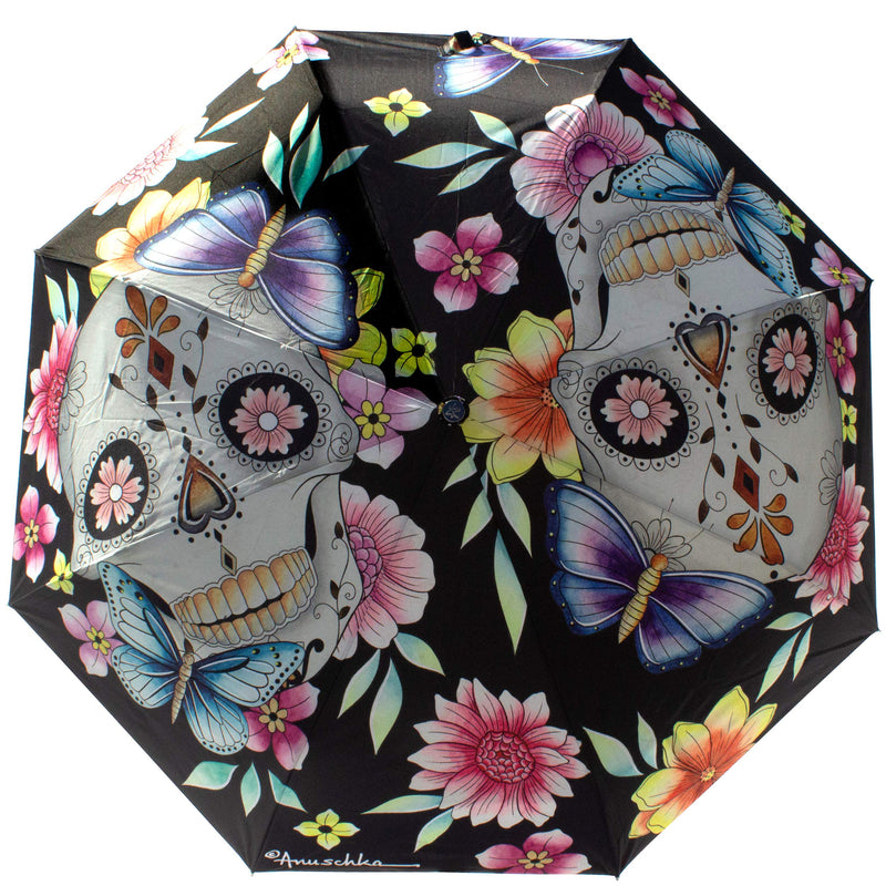 Anuschka Umbrella AUTO Open/Close - UPF 50+ Max Sun protection - 38” Waterproof Canopy - Fits in Handbag - Windproof Flexible Fiberglass - Day of the Dead