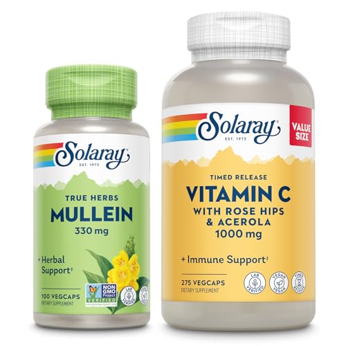 SOLARAY Vitamin C 1000mg and Mullein Leaf Wellness Bundle - Time Release Vitamin C Supplement and Mullein Capsules, Traditionally Used for Wellness Support - Vegan, 60-Day Guarantee, 275/100 VegCaps