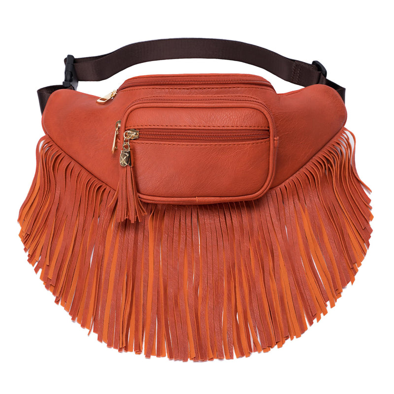 Fringe Waist bag for women with Multi Zipper Pockets Orange
