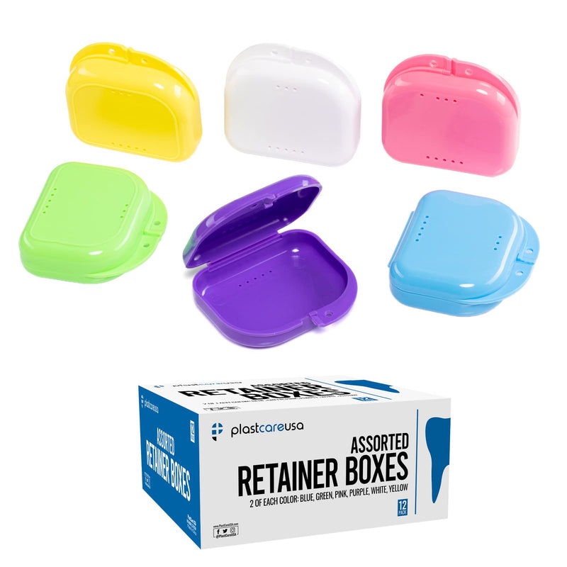 Assorted Retainer Case Box of 12 Individually Sealed, Dental Storage Container for Aligners, Mouth Guards - Yellow, White, Pink, Green, Purple, Blue 12 (1 Box) Assorted