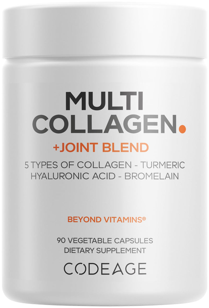 Codeage Multi Collagen Joint Blend, Hyaluronic Acid, Boswellia, 90 Capsules | Five collagen types, hyaluronic acid, bromelain, turmeric, ginger, boswellia, astaxanthin. Hydrolyzed bovine. Non-GMO.