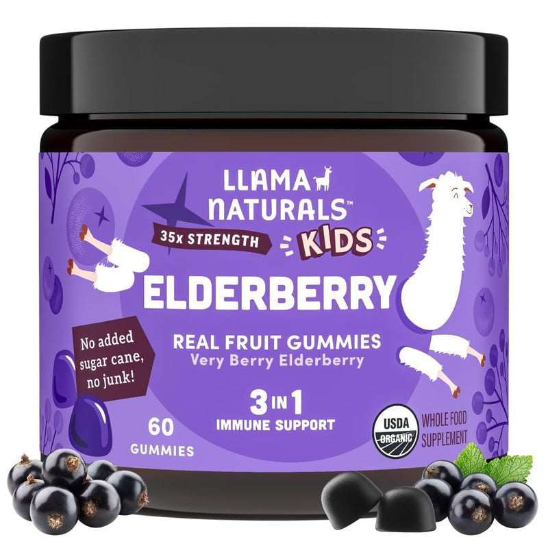 [Australia] - Llama Naturals Elderberry Gummies for Kids, Vegan, Organic Immune Support Supplement with Vitamin C and Zinc, Toddler Real Fruit Gummy Vitamins for Immunity, Chewable, No Added Sugar Cane, 60 Ct Kids Elderberry 60 Count (Pack of 1) 