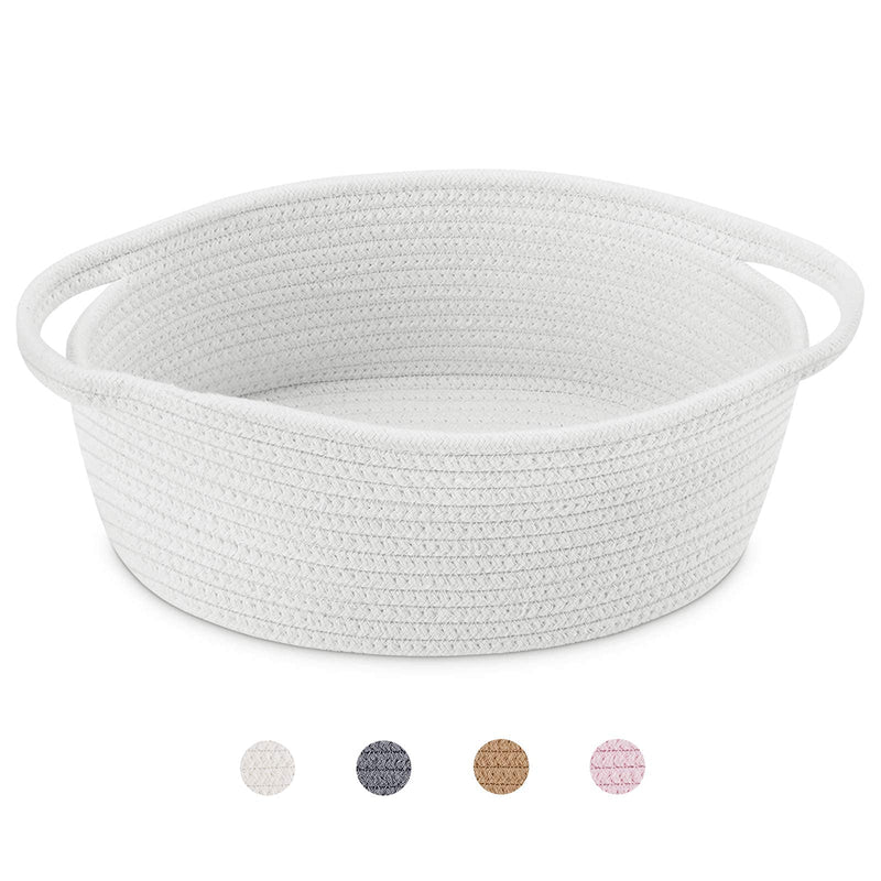 [Australia] - ABenkle Cute Small Woven Basket with Handles, 12"x 8" x 5" Rope Room Shelf Storage Basket Chest Box for Cat and Dog Toys, Empty Decorative Gift - White 1 Pack 