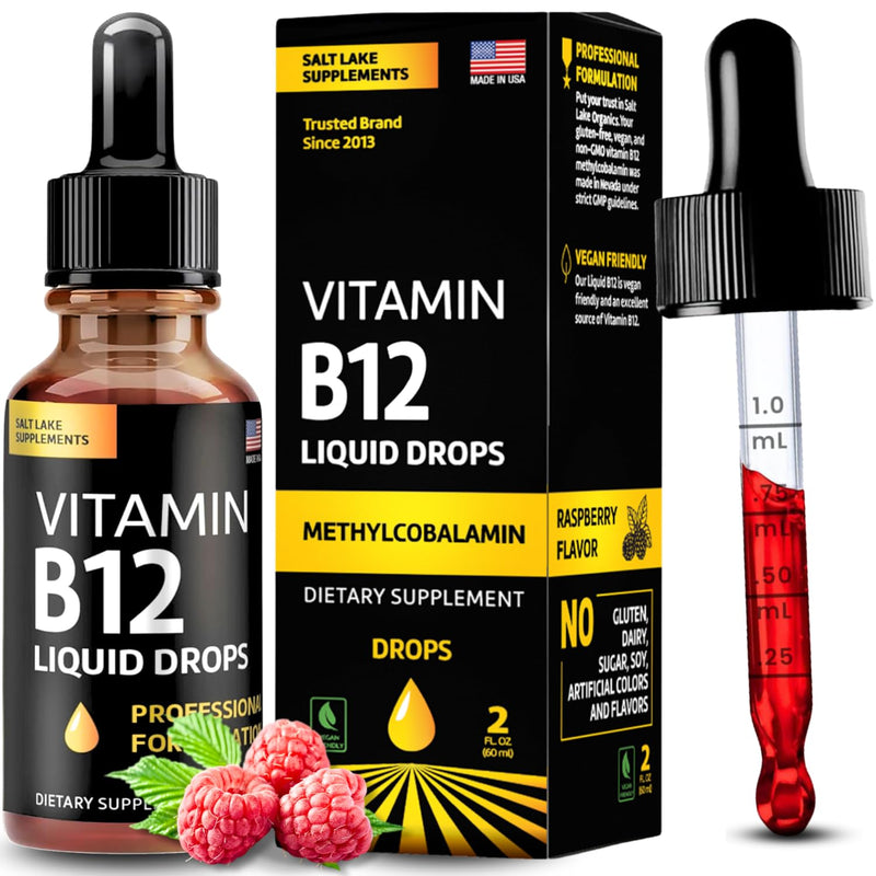 Vitamin B12 Liquid Drops - 60 x 5000 mcg Vegan B12 Sublingual | Extra Strength Raspberry Flavored Methylcobalamin B-12 Supplement Designed to Maximize Absorption & Energy, Gluten Free