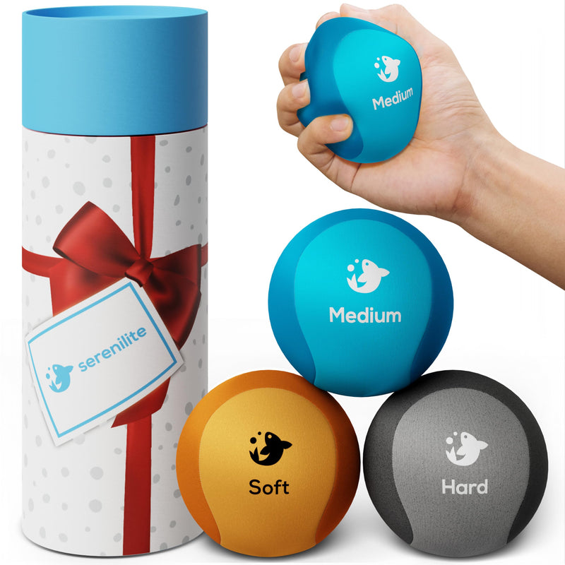 Serenilite Hand Therapy Exercise Stress Ball Bundle - Tri-Density Stress Balls for Adults & Grip Strengthening Orange, Blue, Gray