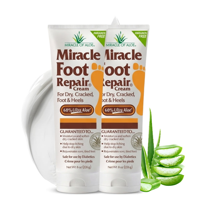 Miracle Foot Repair Cream, 8 Oz 2 Pack, For Dry Cracked Heels & Feet | 60% UltraAloe Aloe Vera Foot Moisturizer, Non Greasy Fast Absorbing Cream For Rough Dry Skin, Calluses & Night Care 8 Ounce (Pack of 2)