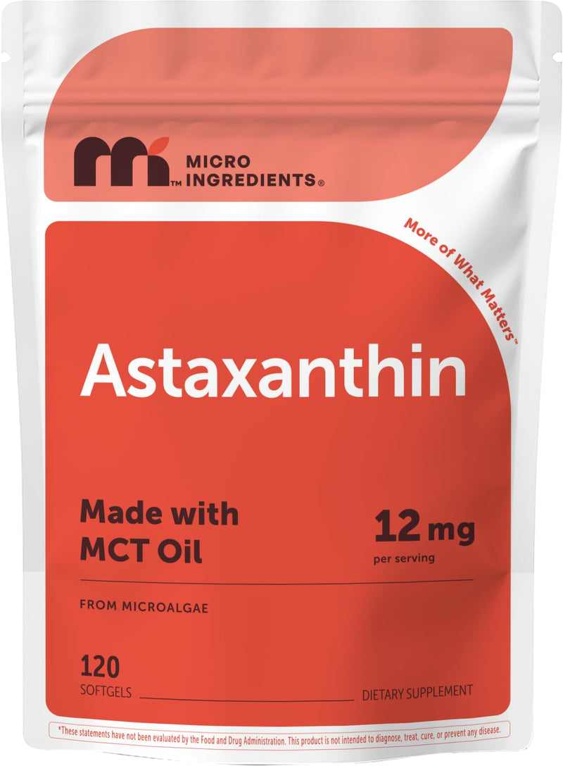 Micro Ingredients Astaxanthin 12mg Per Serving with MCT Oil, 120 Softgels | 4 Month Supply. Natural Microalgae Sourced Astaxanthin Supplement. Easy-to-Swallow. Non-GMO, Gluten Free, Soy Free. 120 Count (Pack of 1)