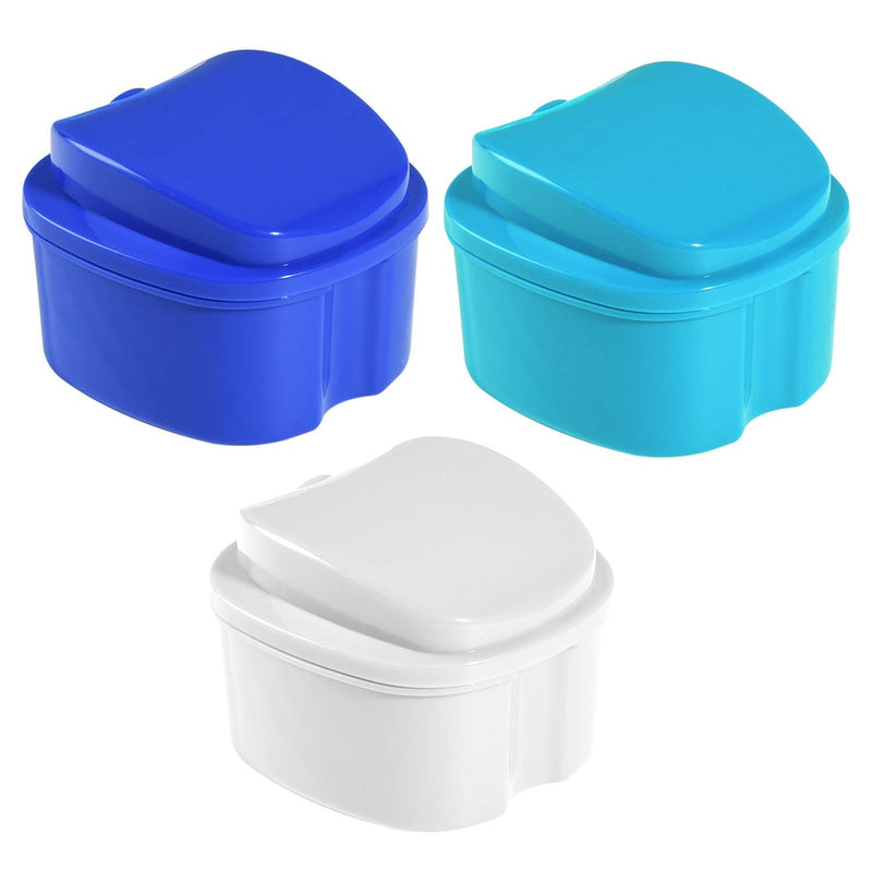 3 Pack Colors Denture Bath Case Cup Box Holder Storage Soak Container with Strainer Basket for Travel Cleaning (White, Blue, Light Blue)