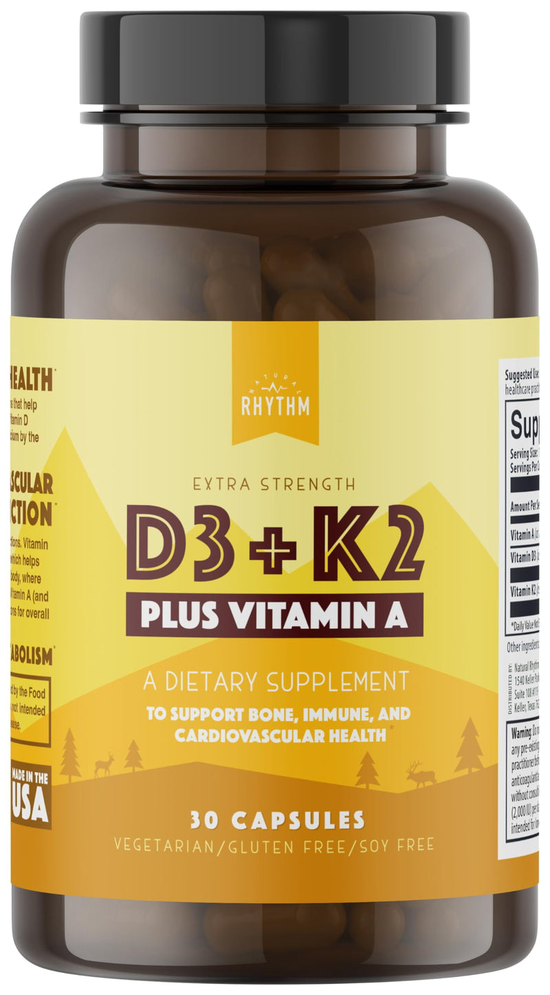 Natural Rhythm Vitamin D3 5000 IU + K2 MK-7 Plus Vitamin A – Bone & Immune Support Supplement, Supports Calcium Absorption & Cardiovascular Function, Vegetarian Capsules (30 Count)