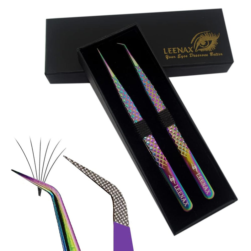 Eyelash Extension Tweezers Fiber Tip (Anti – Slip) Set of 2 pieces straight & curved with Diamond Grip, Rainbow Colour,14cm, volume Tweezers, Lash Extension Precision tweezers. (Multi) Multi