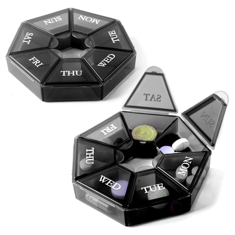 Deke Home - Small Weekly Pill Organizer (2 Pack), Round Pill Dispenser for Travel, Mini Pill Organizer, Compact Medicine Holder, Pill Sorters 7 Days, Portable Vitamin Container, BPA Free (Food Grade) Black