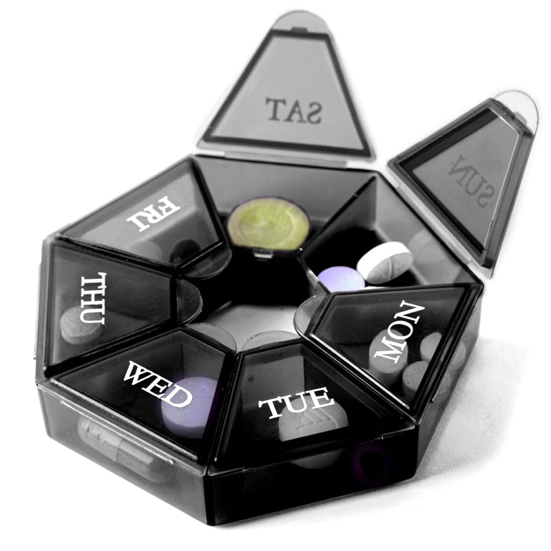 Deke Home - Small Weekly Pill Organizer, Round Pill Dispenser for Travel, Mini Pill Organizer, Compact Medicine Holder, Pill Sorters 7 Days, Portable Vitamin Container, BPA Free (Food Grade) Black