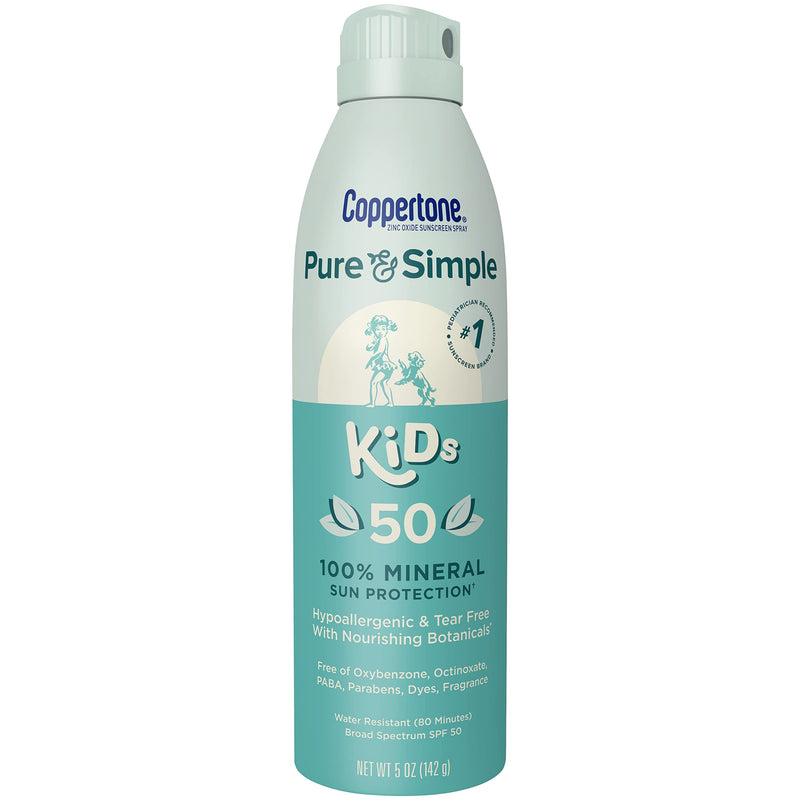 [Australia] - Coppertone Pure and Simple Kids Sunscreen Spray SPF 50, Zinc Oxide Mineral , Tear Free, Water Resistant, Broad Spectrum , 5 Oz 