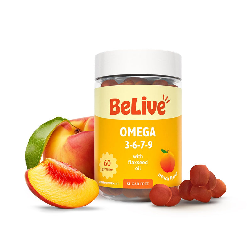 BeLive Omega 3 6 7 & 9 Gummies for Healthy Heart and Brain, Zero Sugar | From Flaxseed Oil & Sea Buckthorn Fruit Oil for Full Body Overall Support, Brain & Eye, Bone & Joint - Peach Flavor - 60 Ct 1