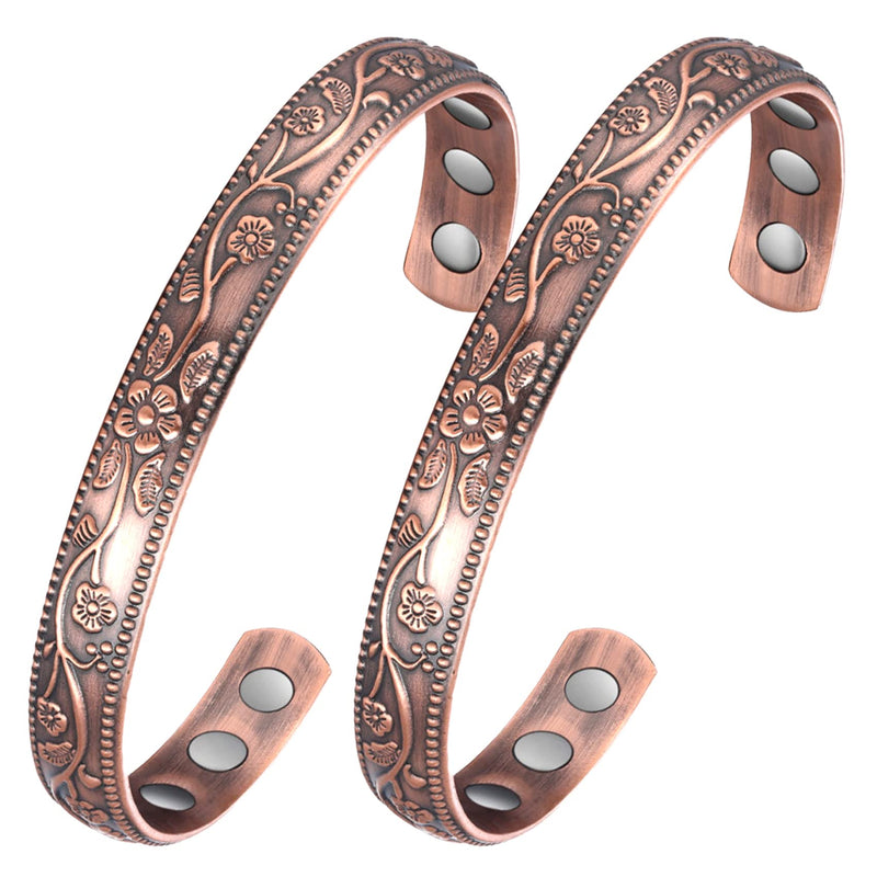 [Australia] - 2Pcs Magnetic Copper Bracelets for Women, Vintage Flower 99.99% Pure Copper Bracelets with 3500 Gauss Magnets, Adjustable Cuff Jewelry with Gift Box 