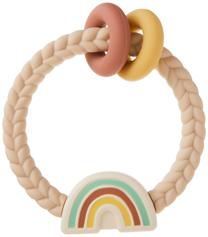 [Australia] - Itzy Ritzy Silicone Teether with Rattle; Rattle Teether Features Rattle Sound, Two Silicone Teething Rings and Raised Texture to Soothe Gums; Ages 3 Months and Up (Neutral Rainbow) Neutral Rainbow 
