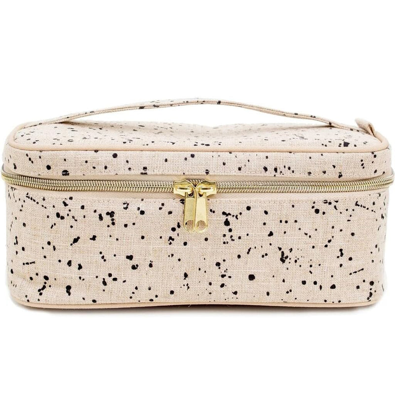 Beauty Poche - Cosmetic Bag & Makeup Organizer for Travel, Three-Tiered, Linen/Cotton Exterior, Removable Tray, Machine Washable - Ink Splatter