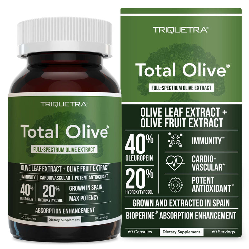 [Australia] - Total Olive® - Olive Leaf Extract (40% Oleuropein) Plus Olive Fruit Extract (20% Hydroxytyrosol) – Full Spectrum Extract Grown & Extracted in Spain – BioPerine Absorption Enhancement (60 Count) 