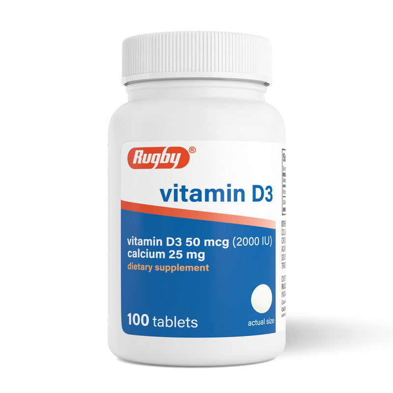 Rugby Vitamin D3 2000 IU (50 mcg) Tablets with Calcium 25 mg, 100 Count | Gluten-Free Supplements, Helps Support Calcium Absorption, for Bones, Teeth & Immunity, for Low Sun Exposure & Aging Adults