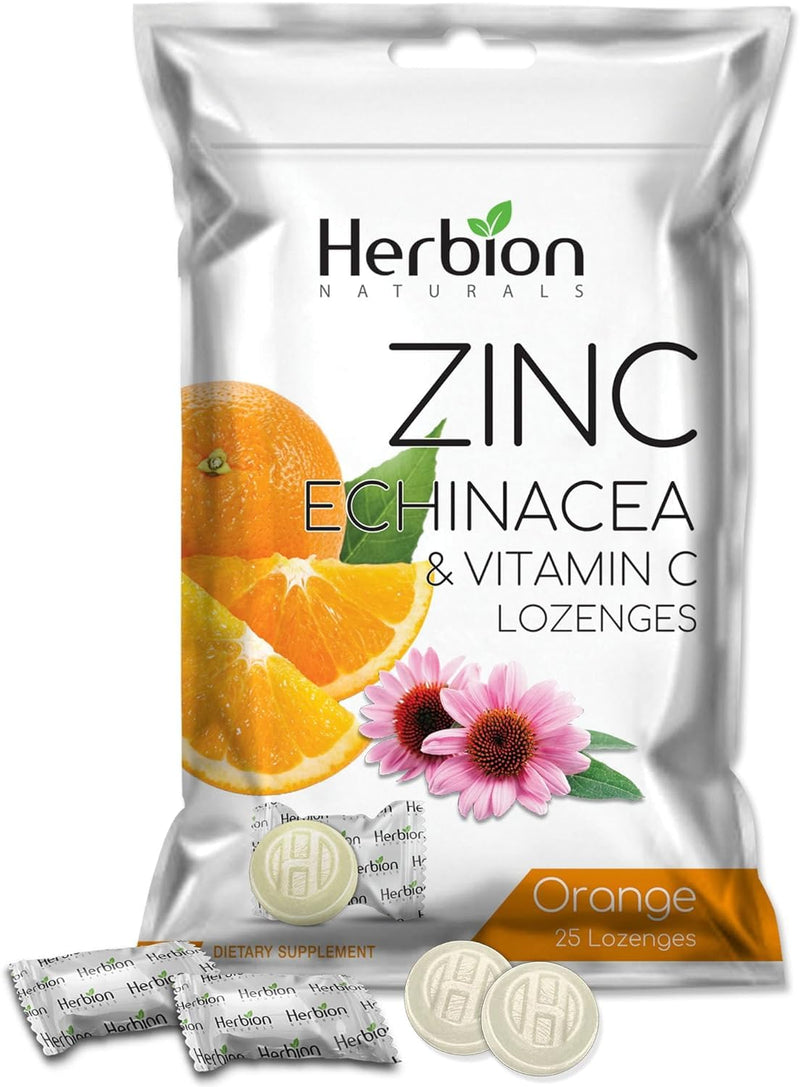 HERBION Naturals Zinc, Echinacea & Vitamin C Lozenges 25 CT, Dietary Supplement for Adults & Children 5+, Promotes Wellness for the Whole Family, 25 Count, Orange, Pack of 1 25 Count (Pack of 1)