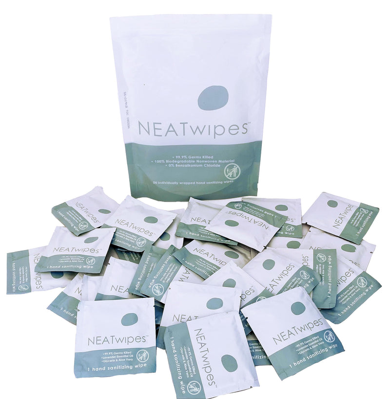 [Australia] - NEATwipes Hand Sanitizing Wipes | Travel Size | Disposable Wet Wipe & Planet Friendly | Lavender Essential Oil & Soothing Aloe | 24 Individually Wrapped Wipes per Package 24 Count (Pack of 1) 