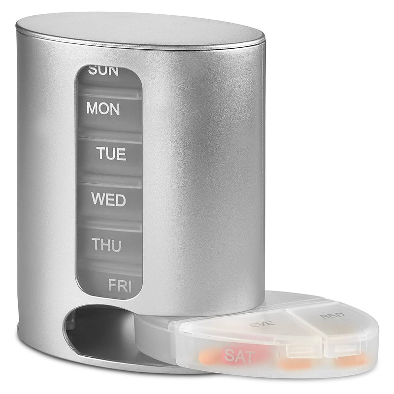 Stackable Daily Pill Organizer - Premium Weekly Medication Reminder with 7 Individual Stacking Cases - Weekly AM/PM Pill Box with 4 Times a Day, a Everyday Medicine Organizer for Vitamins, Silver 7 Count (Pack of 1)