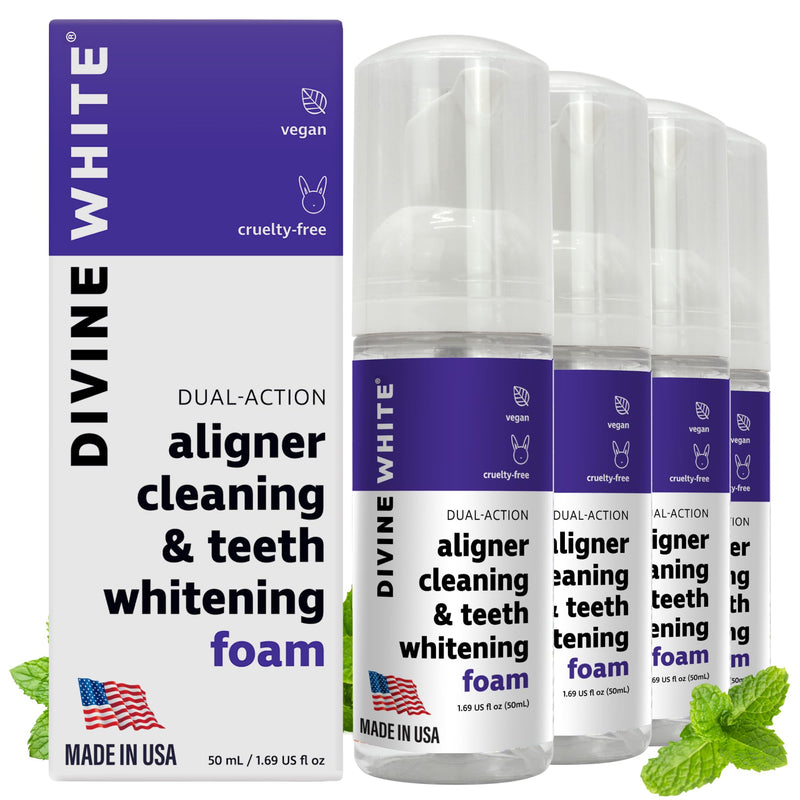2 in 1 Aligner Cleaning and Teeth Whitening Foam, Vegan Formula Invisalign, Hawley Trays, Aligners, Retainer Cleaner Foam, Menthol Freshness Tooth Whitener Kit, Pack of 4 4 Pack
