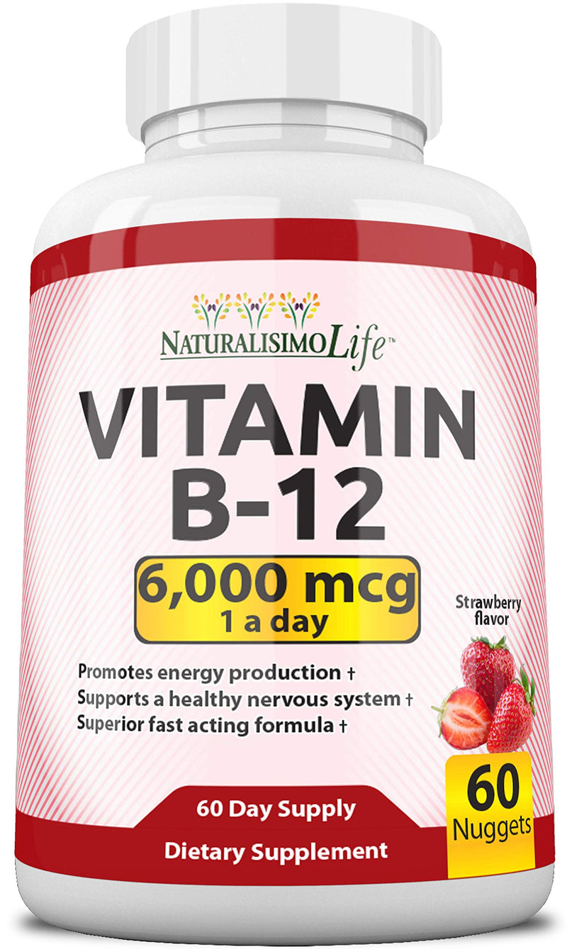 NaturalisimoLife Vitamin B12 6,000 mcg – Quick Dissolve Strawberry Flavor Nuggets – 60 Nuggets, Non-GMO, Vegan, Gluten Free