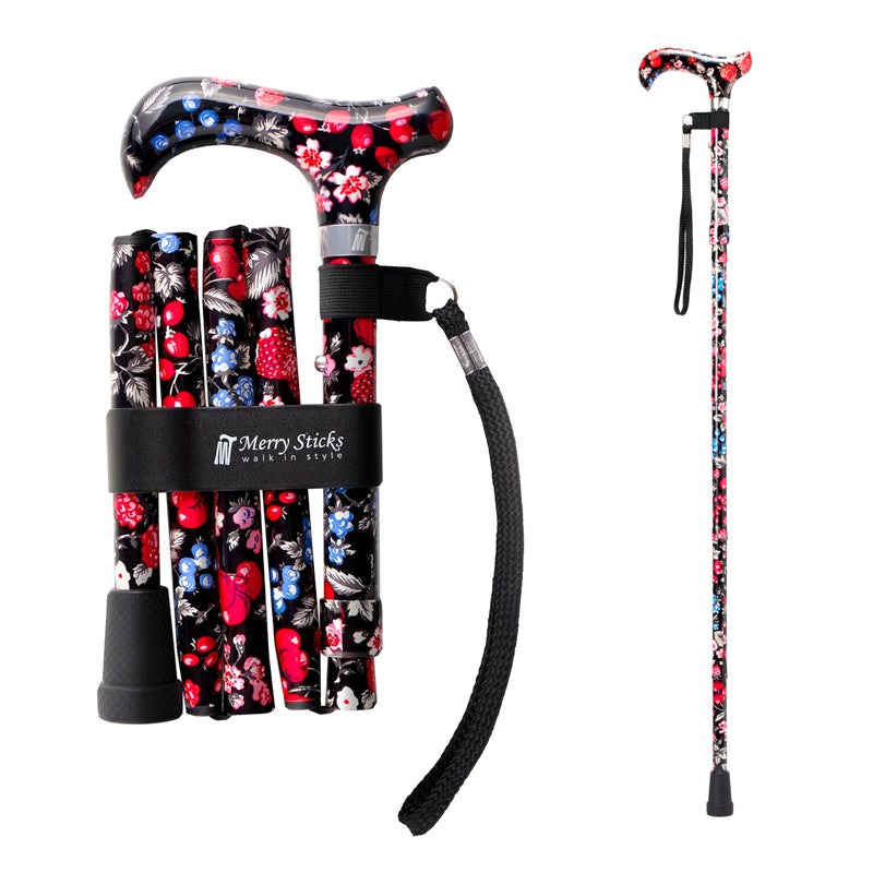 [Australia] - Merry Sticks Lightweight Foldable Walking Canes for Women and Men, Adjustable & Collapsible Walking Stick for Seniors, Balancing Mobility Aids, Ergonomic Handle & Wrist Strap - Berries Classic Grip 