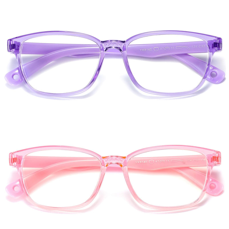 [Australia] - Kids Blue Light Blocking Glasses 2 Pack, Anti Eyestrain & UV Protection, Computer Gaming TV Phone Glasses for Boys Girls Age 3-9 (Transparent Purple+ Transparent Pink) Transparent Purple+ Transparent Pink 