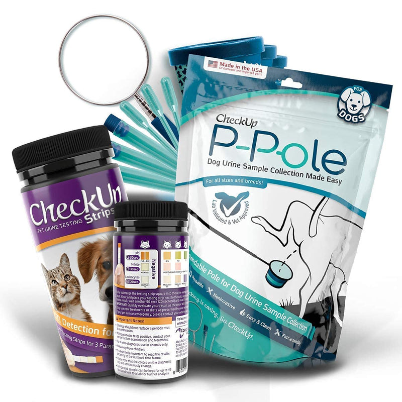 CheckUp Dog P-Pole Sample & Test UTI Bundle - P-Pole Telescopic Pole, Cup, Pipette and Vial for Dog Urine Collection with CheckUp pH, Leukocytes, and Nitrite Levels Testing Strips x 50