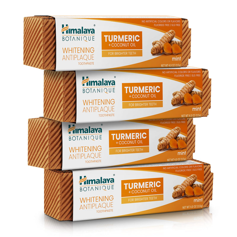 [Australia] - Himalaya Botanique Turmeric & Coconut Oil Whitening Antiplaque Herbal Toothpaste, Whitens Teeth, Fluoride Free, No Artificial Flavors, SLS Free, Vegan, Cruelty Free, Foaming, Mint Flavor, 4 Oz, 4 Pack 4 Ounce (Pack of 4) 