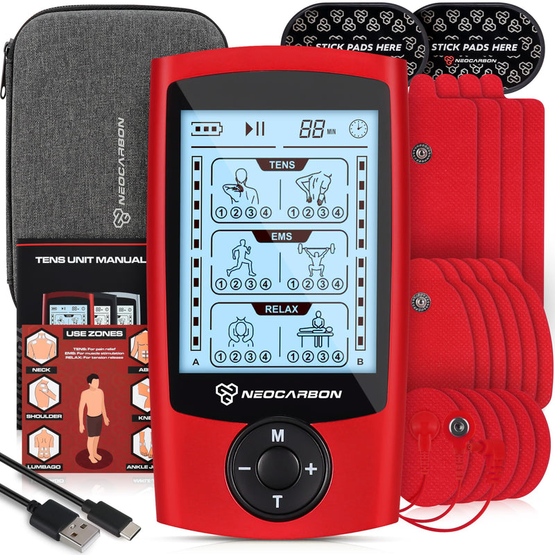 NEOCARBON TENS Unit Muscle Stimulator, Pulse Massager Machine, Red | All in One Kit, Pain Relief at Home, TENS & PMS Muscle Stimulator, Pulse Massager for Nerve & Muscle Pain Relief