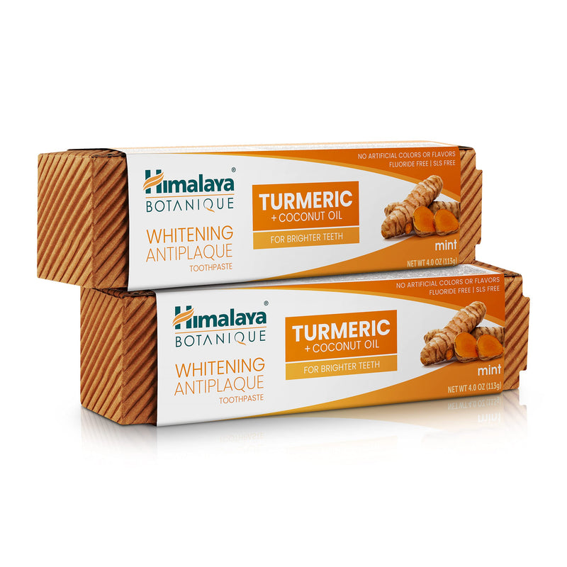 Himalaya Botanique Turmeric & Coconut Oil Whitening Antiplaque Herbal Toothpaste, Whitens Teeth, Fluoride Free, No Artificial Flavors, SLS Free, Vegan, Cruelty Free, Foaming, Mint Flavor, 4 Oz, 2 Pack 4 Ounce (Pack of 2)