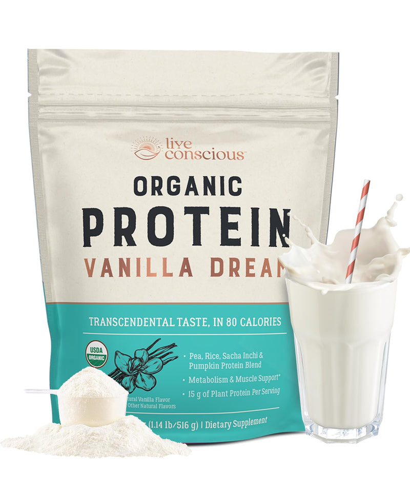 [Australia] - Live Conscious Organic Pea Protein Powder - Vanilla Dream Flavor | Plant-Based Vegan Protein Blend - Pea, Brown Rice, Pumpkin, Sacha Inchi | 20 Servings 18 oz 20 Servings (Pack of 1) 