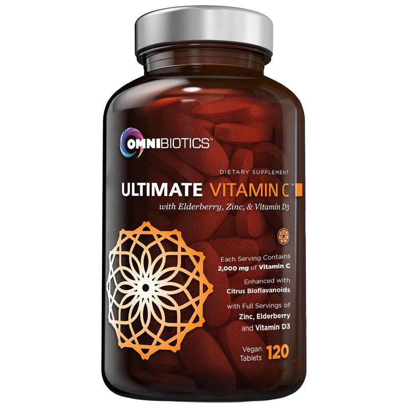 OmniBiotics Ultimate Vitamin C Supplement 2000mg – with Zinc, Elderberry Extract, and D3 – High Potency Immune Support & Collagen Booster – 120 Vegan Tablets 120 Count (Pack of 1)