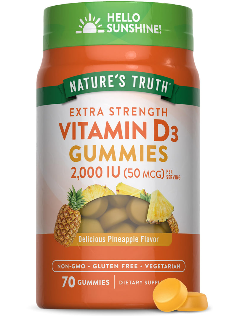 Nature's Truth Vitamin D3 Gummies | 2000 IU | 70 Count | Pineapple Flavor | Vegetarian, Non-GMO and Gluten Free Supplement 70 Count (Pack of 1)