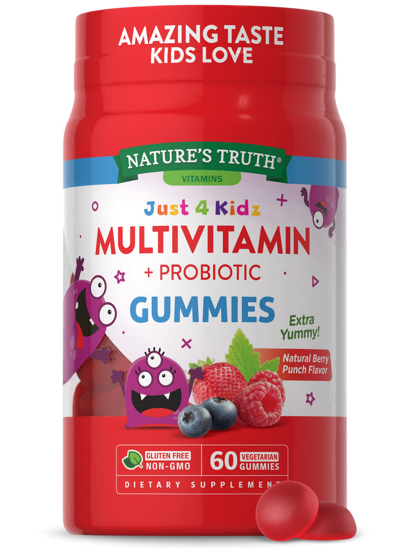 [Australia] - Nature's Truth Kids Multivitamin Gummies with Probiotics | 60 count | Vegetarian, Non-GMO, Gluten Free Supplement | Vitamin C, D3 & Zinc | Berry Punch Flavor 