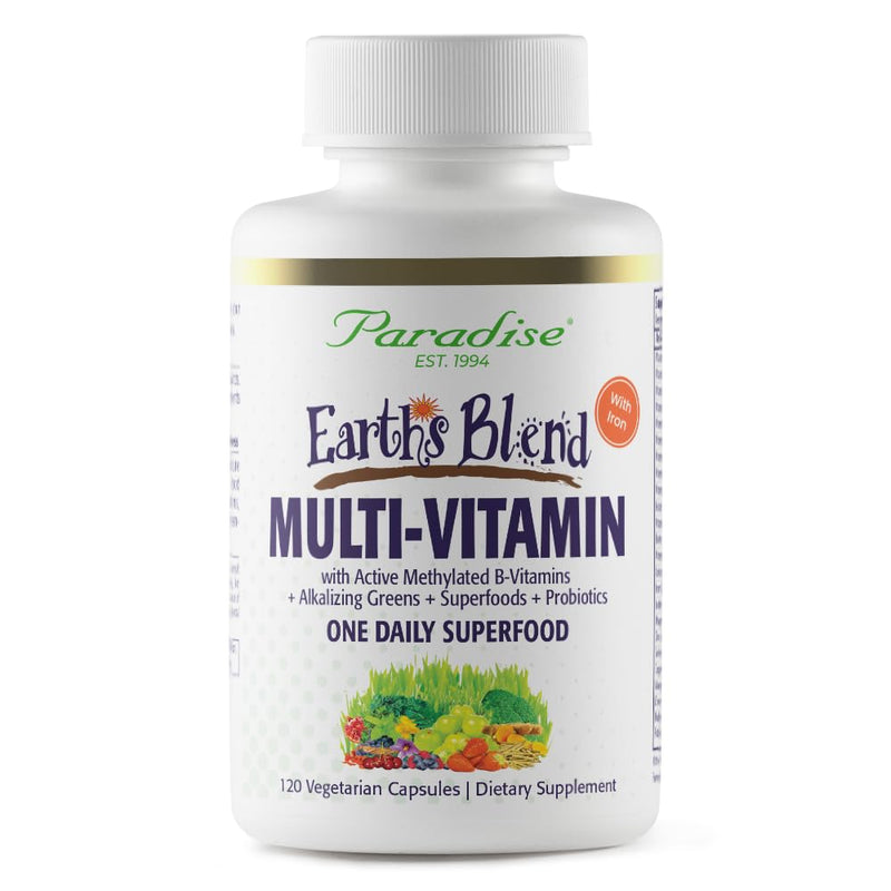 Paradise Herbs Earth's Blend Multivitamin with Iron, 120 Capsules | Once daily dietary supplement with 48 organic superfoods, probiotics, antioxidants, and vitamins A, B12, C, D, K2 120 Count (Pack of 1)