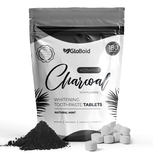 [Australia] - GloBoid Charcoal Toothpaste Tablets with Fluoride Three Month Refill, Zero Waste, Eco Friendly & Plastic Free Toothpaste Tabs, Toothpaste Bites for Travel 180 Count (Pack of 1) 