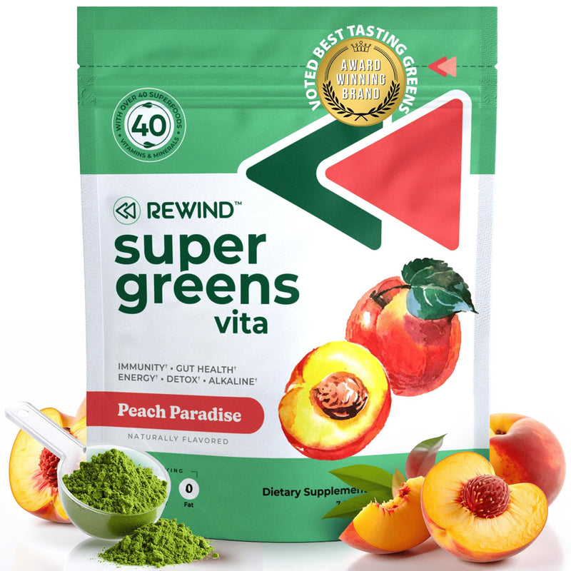 Rewind Best Tasting Super Greens Powder with 40+ Superfoods – Delicious Daily Green Powder with Vitamin B12, Zinc, Vitamin C, Magnesium & Calcium – Green Juice Superfood Mix - Peach Flavor Peach Paradise - 30 Servings
