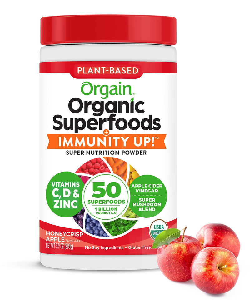 Orgain Greens + Superfoods Immunity Up Powder, Honeycrisp Apple, 0.62lb | Organic greens + 50 superfoods powder, probiotics, vitamin C, D, & zinc, apple cider vinegar, ashwagandha, for immune support 9.9 Ounce (Pack of 1)