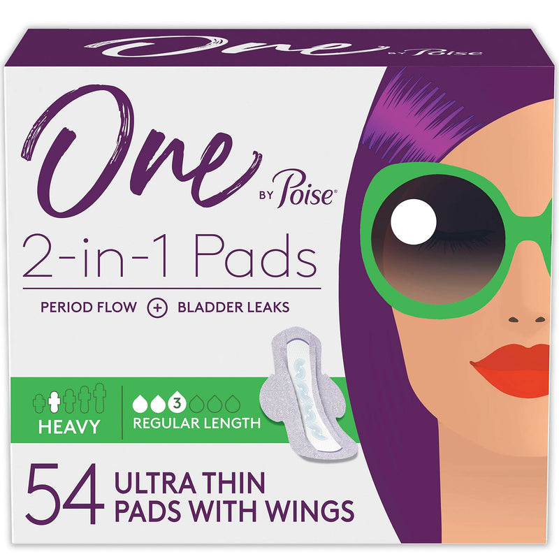 [Australia] - One by Poise Feminine Pads with Wings (2-in-1 Period & Bladder Leakage Pad for Women), Regular, Heavy Absorbency for Period Flow, Light Absorbency for Bladder Leaks, 54 Count (3 Pack of 18) Ultra Thin Heavy Pads (54 Count) 