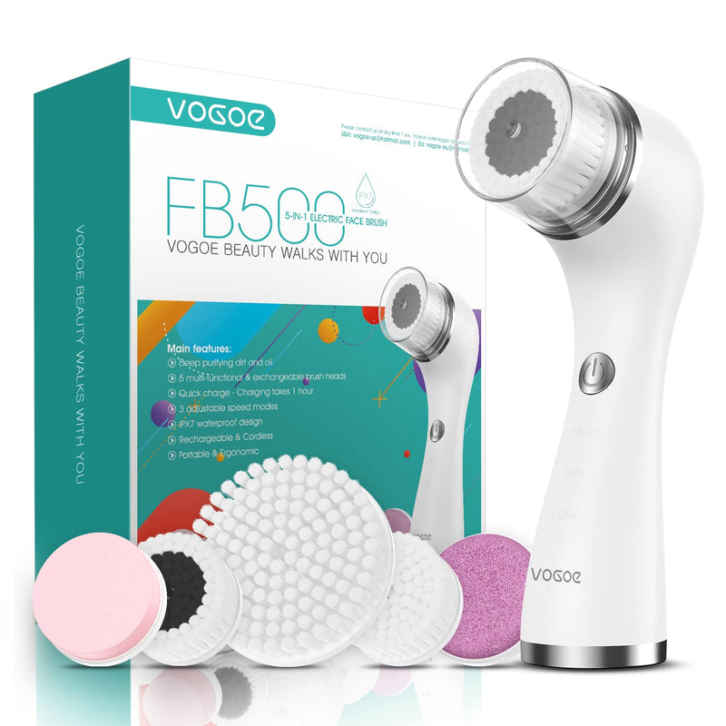 [Australia] - Facial Cleansing Brush Rechargeable, Spin Face Wash Brush IPX7 Waterproof Electric Face Scrubber Exfoliator, 3 Speeds & 5 Brushes for Cleansing and Exfoliating, White 