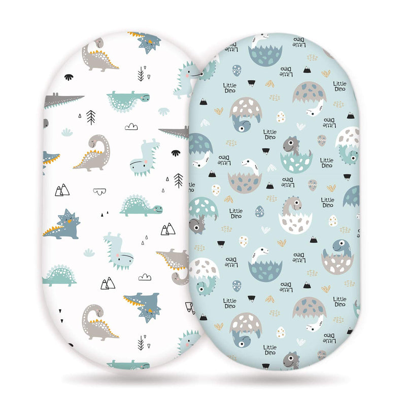 [Australia] - GRSSDER Stretchy Ultra Soft Fitted Bassinet Sheet Set 2 Pack, Universal Fit for Bassinets Baby Cradle Moses Basket Oval Rectangle Pad/Mattress, Happy Dinosaurs Bassinet Sheets for Girls and Boys Blue 